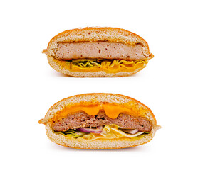 Juicy hamburger with fresh toppings and cheese in whole grain bun