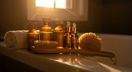 Luxury spa products including serum bottles and a body brush
