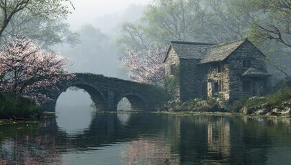 Fototapeta premium Misty spring cottage, stone bridge, tranquil lake, blossoming trees; idyllic rural scene, perfect for travel brochure