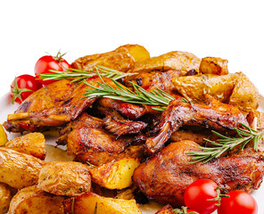 Juicy roasted chicken with potatoes and fresh herbs on a white platter