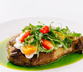 Delicious roasted vegetable dish with fresh herbs and colorful toppings