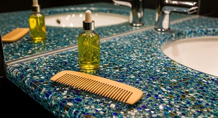 Wooden hair comb and cosmetic oil bottle on a blue countertop