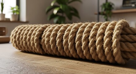Thick coiled natural fiber rope on a wooden surface