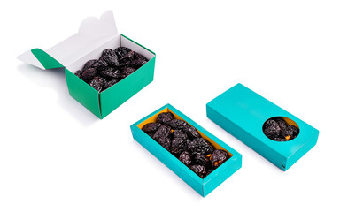 Dried fruits packaged in colorful boxes for display and sale