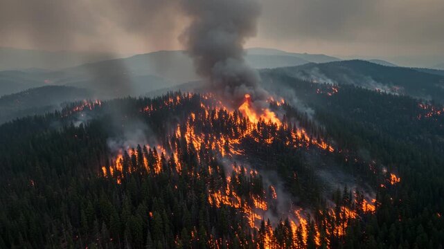 Overhead Conflagration in Highland Woodland with Ash Gray Ember Orange Tones Signaling Ecological Crisis