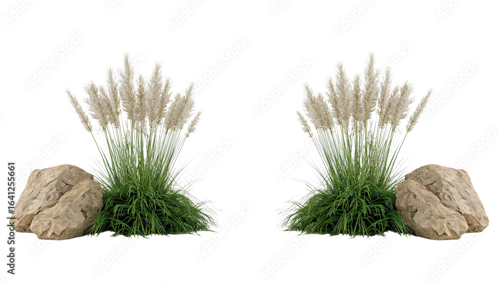 Poster two clusters of pampas grass with textured rocks on isolated transparent setting