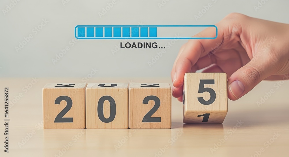Poster transition to 2025 concept: hand placing number block with loading bar indicating progress
