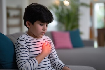 Young boy suffering from chest pain with a red glowing ache spot