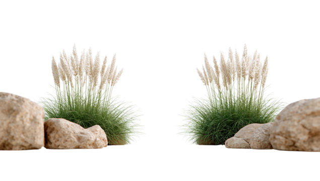 Ornamental grasses and natural stones arrangement on isolated transparent background scenery