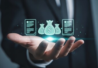 Hand displaying glowing money bags and documents icons representing financial transactions