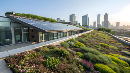 A modern building with a green roof and solar panels, overlooking a city skyline.