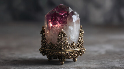 Quartz crystal with magenta core in ornate golden filigree cage, fantasy relic art