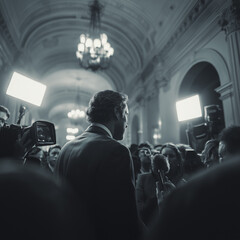 Political Leader Giving Press Conference at Government Building
