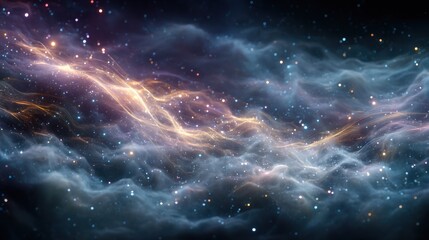 dreamy cosmic fog with floating gems and glowing particle trails