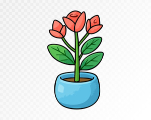 Pink blossoms and green leaves in a blue pot, vector illustration, watercolor — Perfect for romantic floral art, prints, and decor.