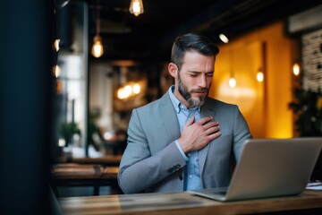 Concerned businessman feeling chest pain while working in a cafe