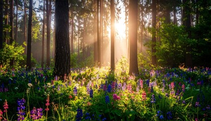 Sunlight streams through a colorful flower meadow