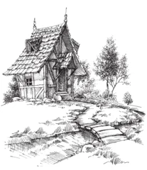 Small old wooden cabin exterior hand drawing © Danussa
