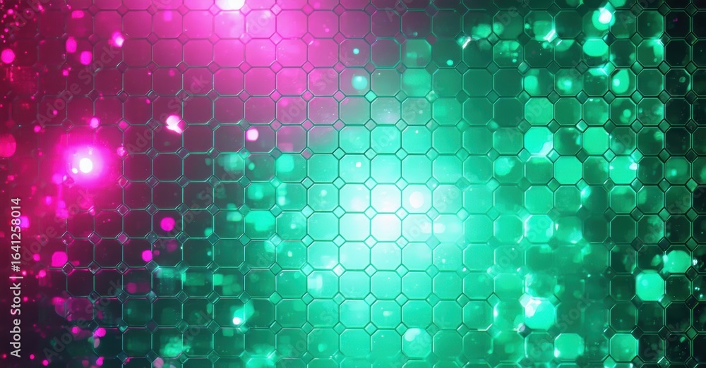 Poster vibrant hexagonal pattern dominates image. pink, teal hues blend, creating sparkling effect. light r