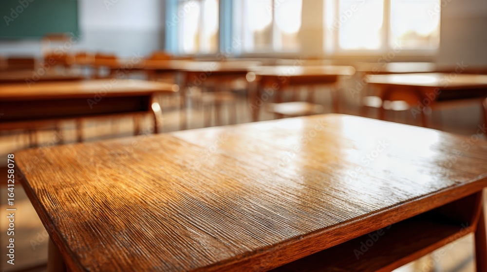 Poster empty classroom interior with wooden desks and natural light streaming in, creating a serene learnin