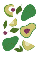 Colorful avocado and leaves pattern with minimalist design. Contemporary minimal vegetable poster with bright colors. Modern vertical design.