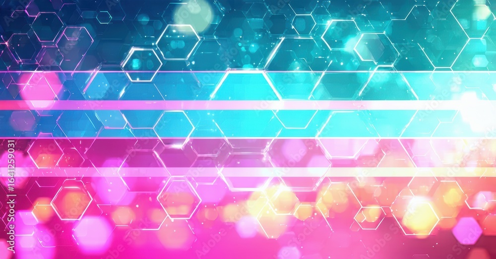 Poster abstract background features hexagonal patterns, vibrant colors, bright light effects. modern design