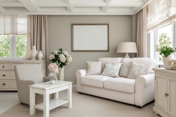 Naklejka premium A light and airy living room featuring a neutral color palette.