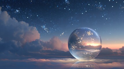 dreamy orb reflecting stars, hovering in a glowing night sky