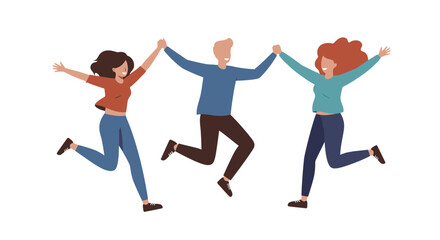 Fototapeta premium Three people jumping and holding hands