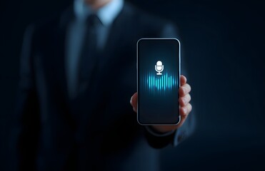Businessman shows smartphone with glowing microphone icon, voice assistant, podcast and speech recognition concept on dark background with copy space.