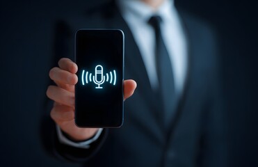 Businessman shows smartphone with glowing microphone icon, voice assistant, podcast and speech recognition concept on dark background with copy space.