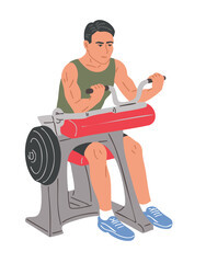 Flat style vector of a man exercising biceps on weight machine in gym. Arm workout, bodybuilding, fitness training, isolated white background illustration