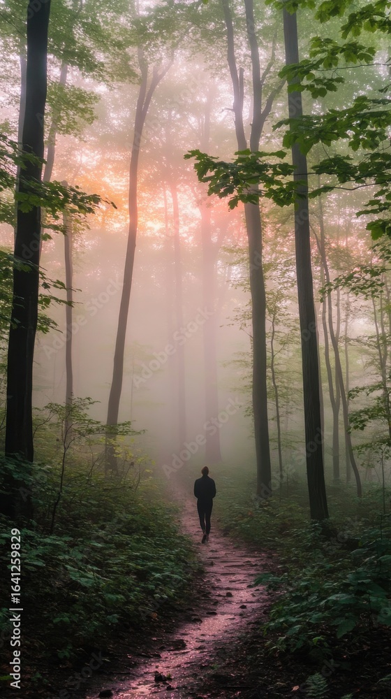 Poster mysterious foggy forest path leading into the dappled light of dawn with a solo figure walking among