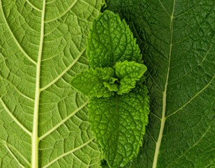 Fototapeta premium Fresh Green Mint Leaves on Textured Leaves Detailed Macro Still Life