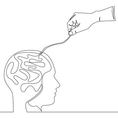 Continuous one single line drawing Silhouette of head with tangled thread inside and hand pulling to untangle Solving mental health problems icon vector illustration concept