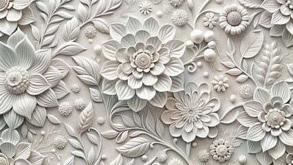 Panoramic wallpaper, packaging, and invitations featuring elegant white 3D floral embossing.