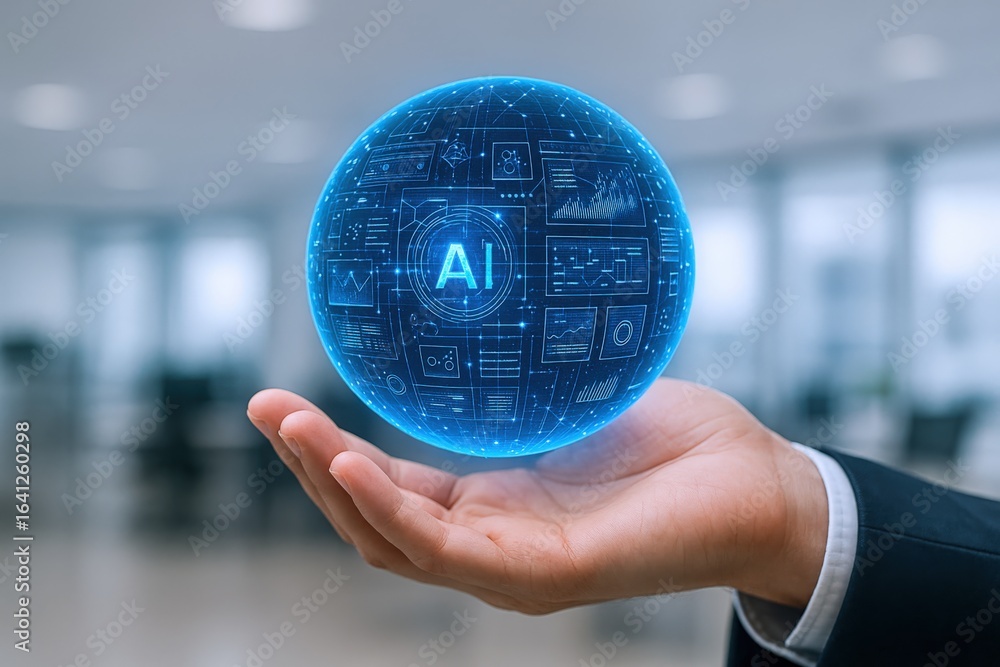 Poster artificial intelligence technology globe in hand: futuristic innovation concept for business and adv