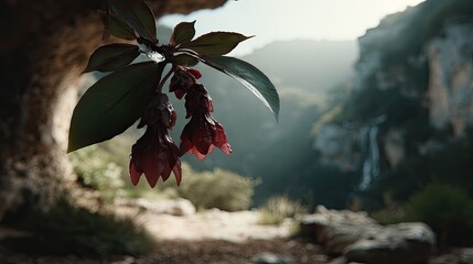 Lush plant with delicate flowers hangs from a cave opening, overlooking a mountain valley