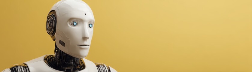 A futuristic robot with a sleek design and bright eyes against a yellow background, showcasing advanced technology and innovation, cute AI robot banner