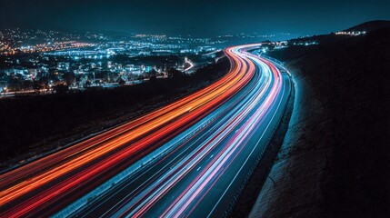 Nighttime Highway with Light Streaks Leading to City, Capturing Motion and Urban Connectivity