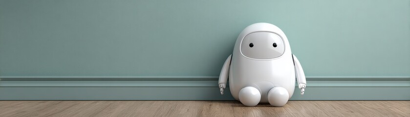 A small, friendly robot sits against a pastel wall, showcasing a modern and minimalistic design in a cozy interior setting, cute AI robot banner