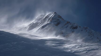 A majestic snow-covered mountain peak emerges amidst swirling winds and dramatic lighting, showcasing the beauty and power of nature.