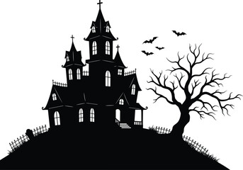 A vector illustration of a spooky haunted mansion silhouette on a hill with a dead tree, bats flying in the sky, and a tombstone, perfect for Halloween themes.