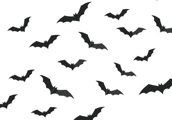 A seamless pattern of flying black bats, a spooky and festive design for Halloween decorations, backgrounds, wrapping paper, or fabric, isolated on white background.