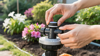 Hands adjusting a garden irrigation sprinkler with water droplets in a blooming flower bed on a sunny day