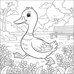 Background featuring a cute duck walking through a scenic park filled with blooming flowers, lush trees, and a peaceful bench beside a calm pond on a sunny day