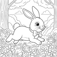 Bunny in a spring meadow with flowers and trees in a cute cartoon style suitable for children’s coloring activities and creative illustration projects