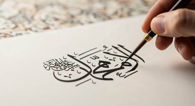 Muhammad Sallallahu Alayhi Wa Sallam. Close up of a male calligrapher's hand writing traditional Islamic art with a fine brush on paper.