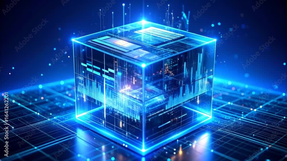 Poster futuristic technology abstract motion graphic with glowing digital cubes and grid lines