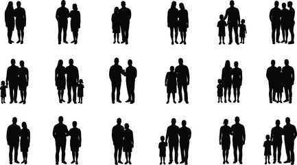 Full length silhouette of diverse families, couples, and individuals, standing together, concept of unity and togetherness, isolated on a white background.